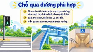 Trang mẫu Bài 9: chọn chỗ qua đường phù hợp và quan sát xe.