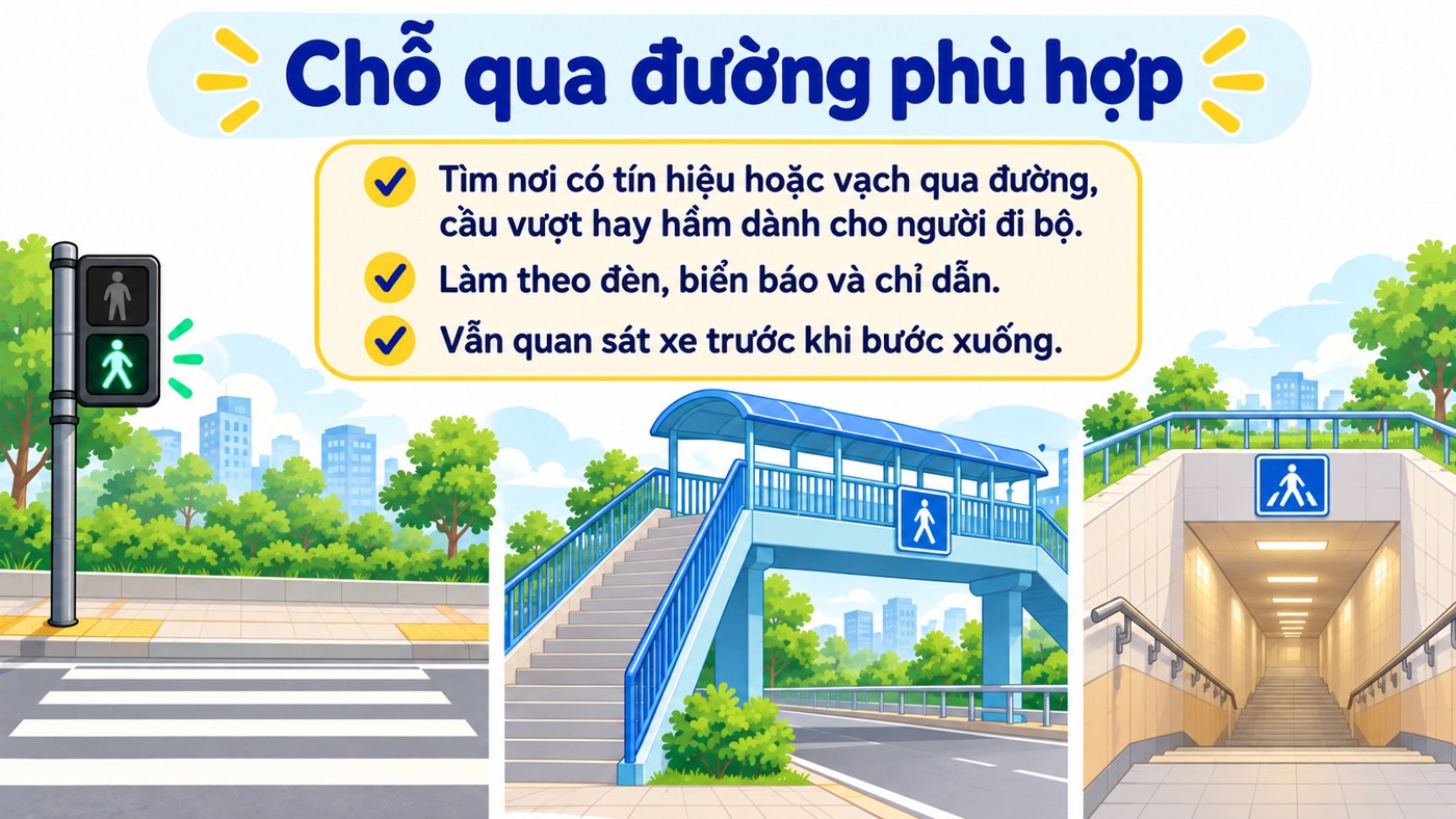 Trang mẫu Đạo đức 3 Đi bộ an toàn: các vị trí qua đường phù hợp và yêu cầu tiếp tục quan sát.