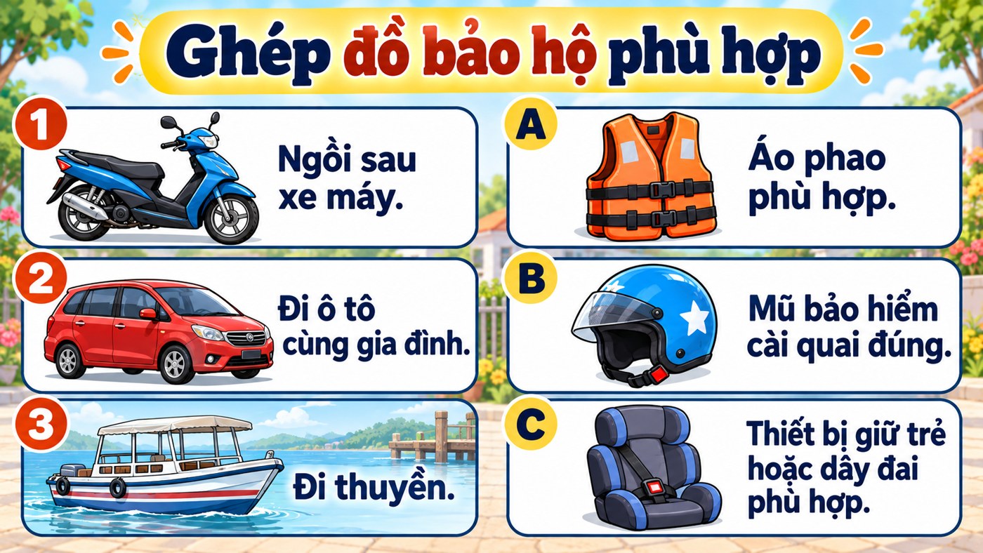 Trang mẫu ghép ba tình huống đi xe máy, ô tô và thuyền với đồ bảo hộ phù hợp.